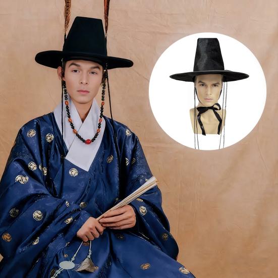 Stage Performance Hat Ming Dynasty Traditional Korean Flat Topper Hat Wide Brim UV Protection Black Halloween Cosplay Cap Men Costume Accessory