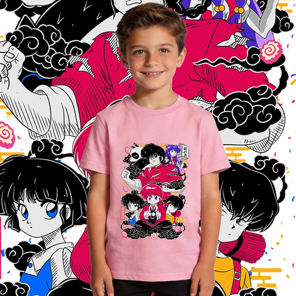 Boys Girls Short Sleeve T Shirt Ranma Characters Anime Print Cotton Top Kids Casual Wear Breathable Soft Summer