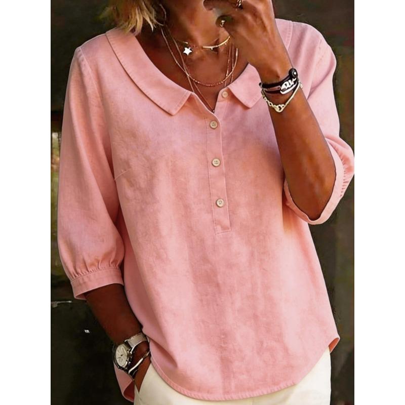 IHUASU Women's Fashion Casual Solid Color Print 3/4 Sleeves POLO Neck Blouses & Shirts