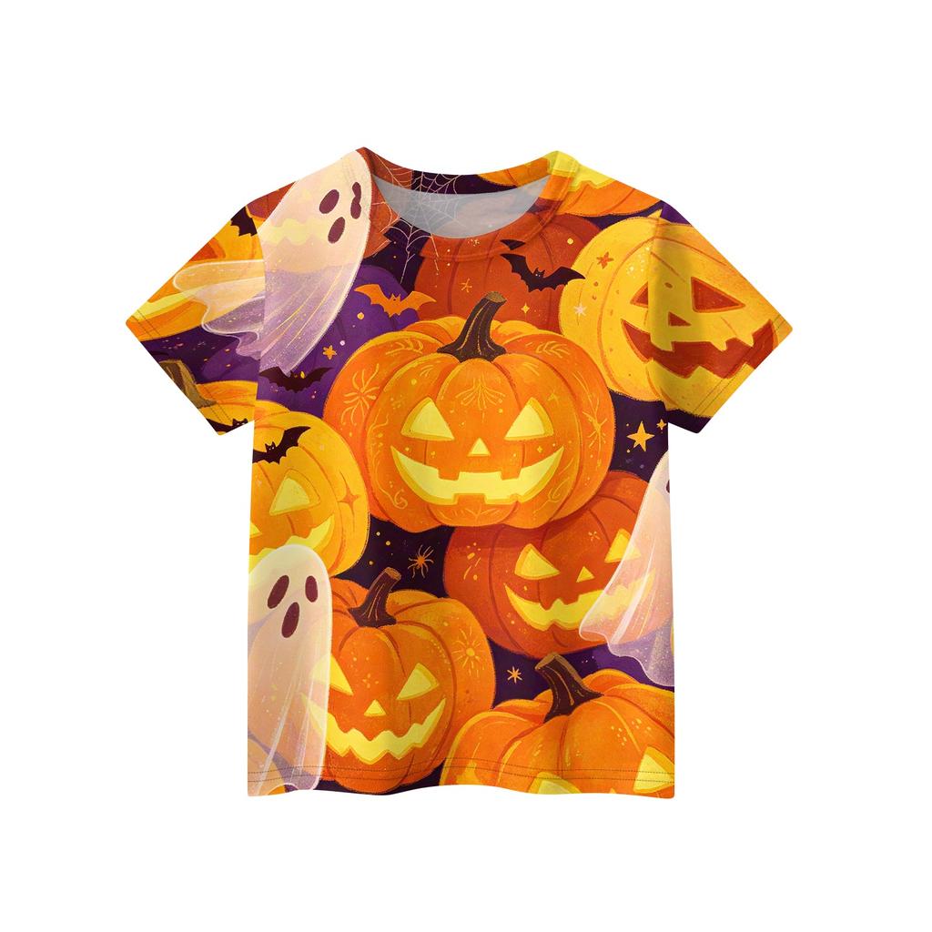 Kids Halloween Print Short Sleeve T Shirt Round Neck Casual Top Boys Girls Comfortable Fit Lightweight Fabric Soft Material
