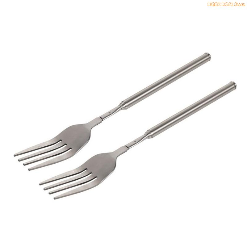 K1AE 2pc Extendable Barbecue Forks Stainless Steel Construction Portable Cutlery For Outdoor Cooking Roasting And Serving