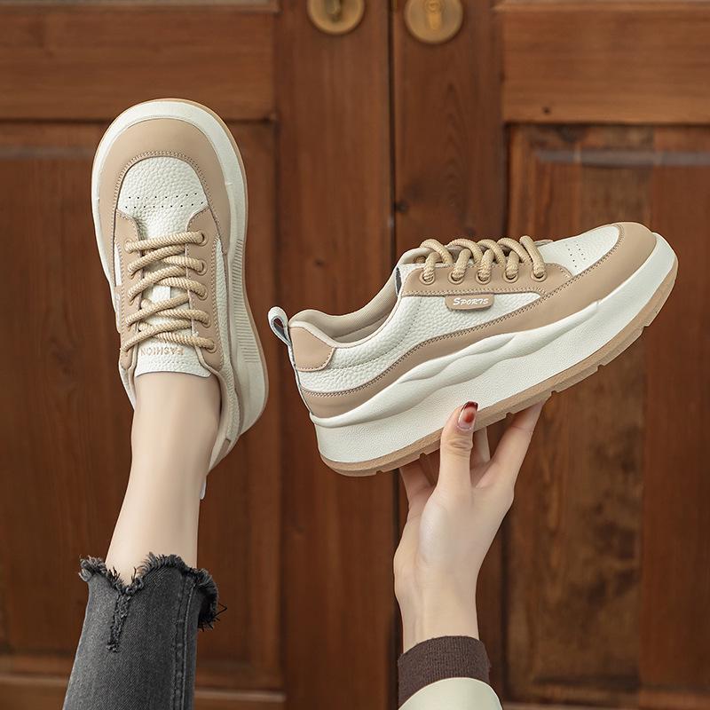 2024 Wiosna Damskie Białe Retro Buty Skate z Grubej Podeszwy ze Skóry Naturalnej - Wszechstronne, Płaskie, Casualowe Sneakersy Plus Size