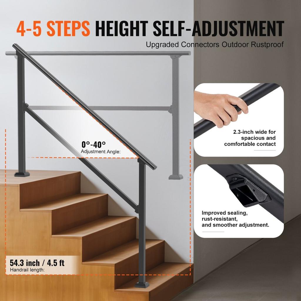 4-5 Handrails for Outdoor for Seniors Porch Deck Black Square Tube Steel