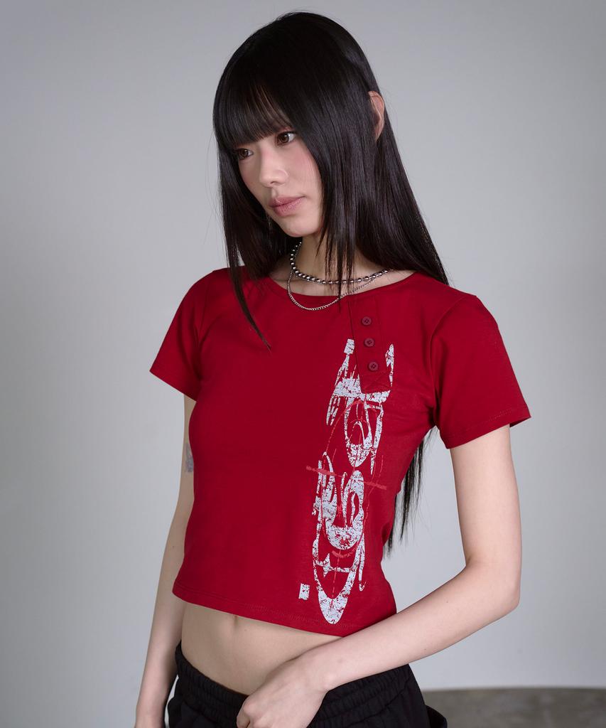PRENDA Prenda Diagonal Henley Neck Short Sleeve Burgundy