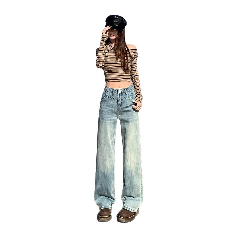 Women's Retro High-Waist Fleece Slim Wide-Leg Jeans - Autumn/Winter 2025 Collection