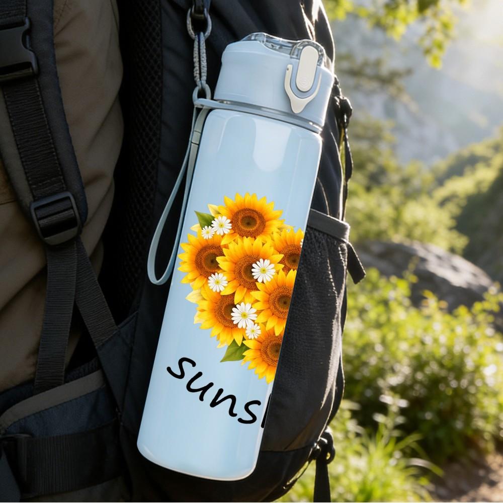 1PC Sunflower Sunshine Heart Art 750ml Color Plastic Sports Water Bottle Leakproof Flip Straw Lid Suitable for Sports Office Home Use