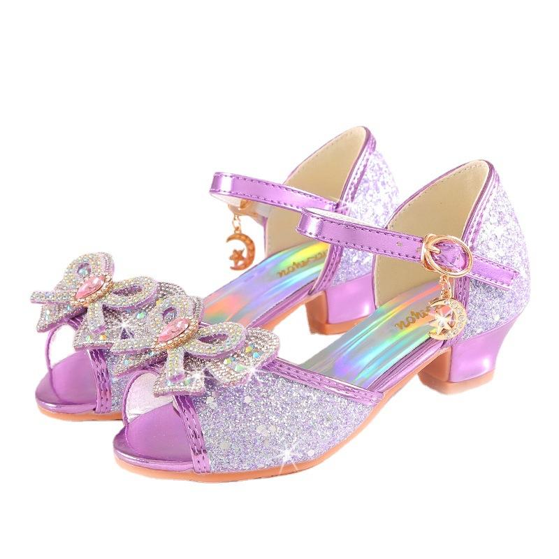 Letnie dziewczęce sandały na obcasie modne cyrkoniowe błyszczące brokatowe buty dziecięce księżniczki z kokardką perłowe buty do tańca