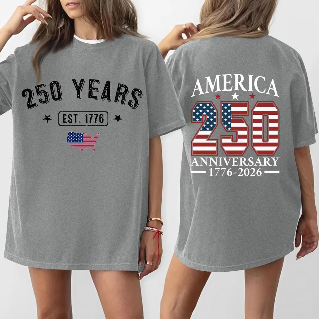 Damen Casual Unabhängigkeitstag 250. Jubiläum Bedrucktes T-Shirt Rundhals Pullover Kurzarm Oberteil