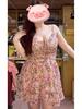 Plus Size French Sweet Floral Suspender Dress for Women Summer Vacation Holiday Beach Short Dresses