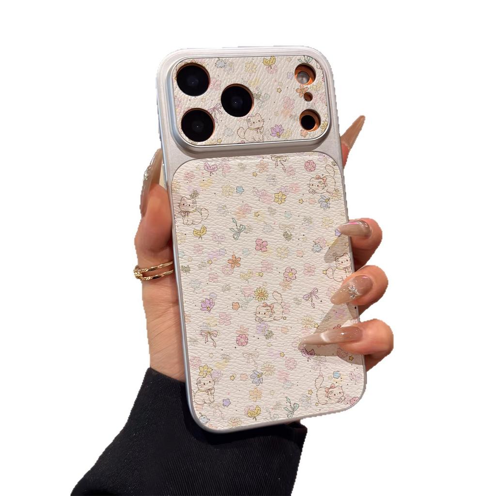 Floral kitten is suitable for iPhone17promax mobile phone case Apple 16pro new 15pro niche 14 leather pattern