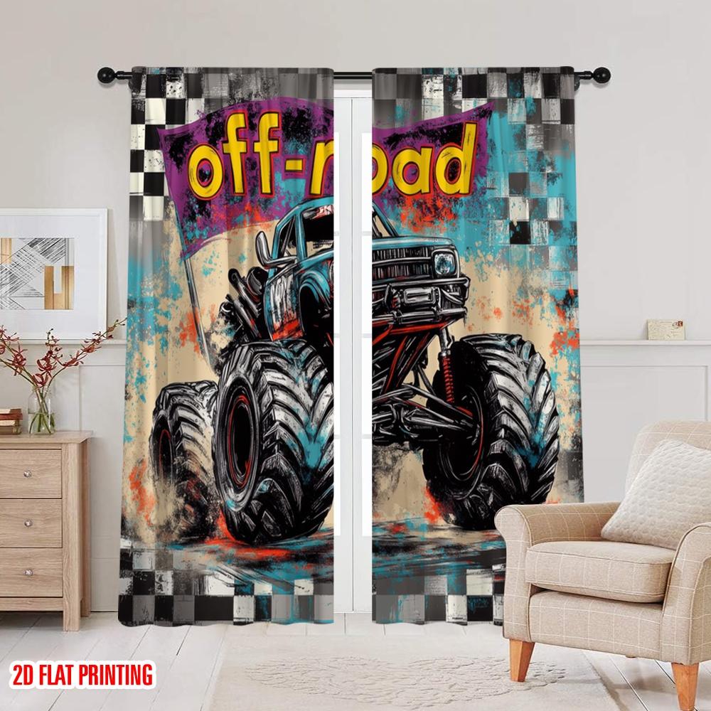 2pcs,2D Plane Printing Curtains Monster Dash Durable Polyester (without Rod) Room Decor Use for Living Room, Office, Kitchen,