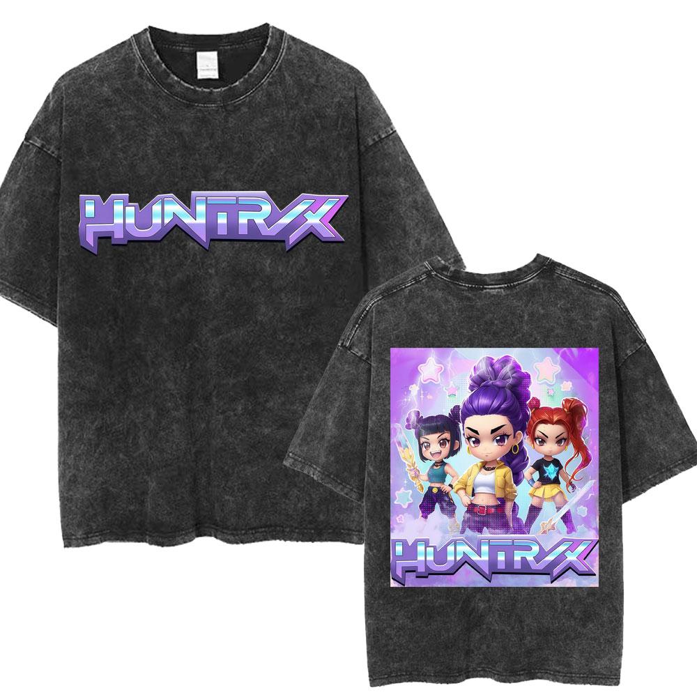 Gewaschenes Kpop Anime Dämonenjäger Huntrix Mädchen T-Shirt Kawaii Süß Mode Unisex T-Shirts Oversized Baumwolle Vintage T-Shirt