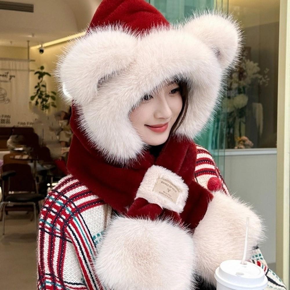 Thickened Plush Bear Hat Scarf Two-Piece Set Neck Warmer Cute Ear Protection Hooded Winter
