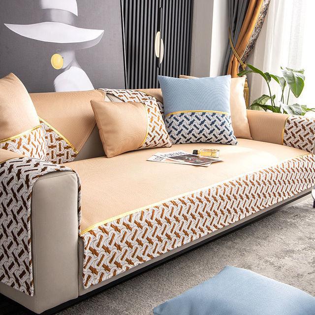 Husă de Sofa Vară Mătase de Gheață Cusături Margine Lată Culoare Solidă Pernă de Sofa pentru Living Modern Minimalist Anti-Alunecare Pernă de Sofa
