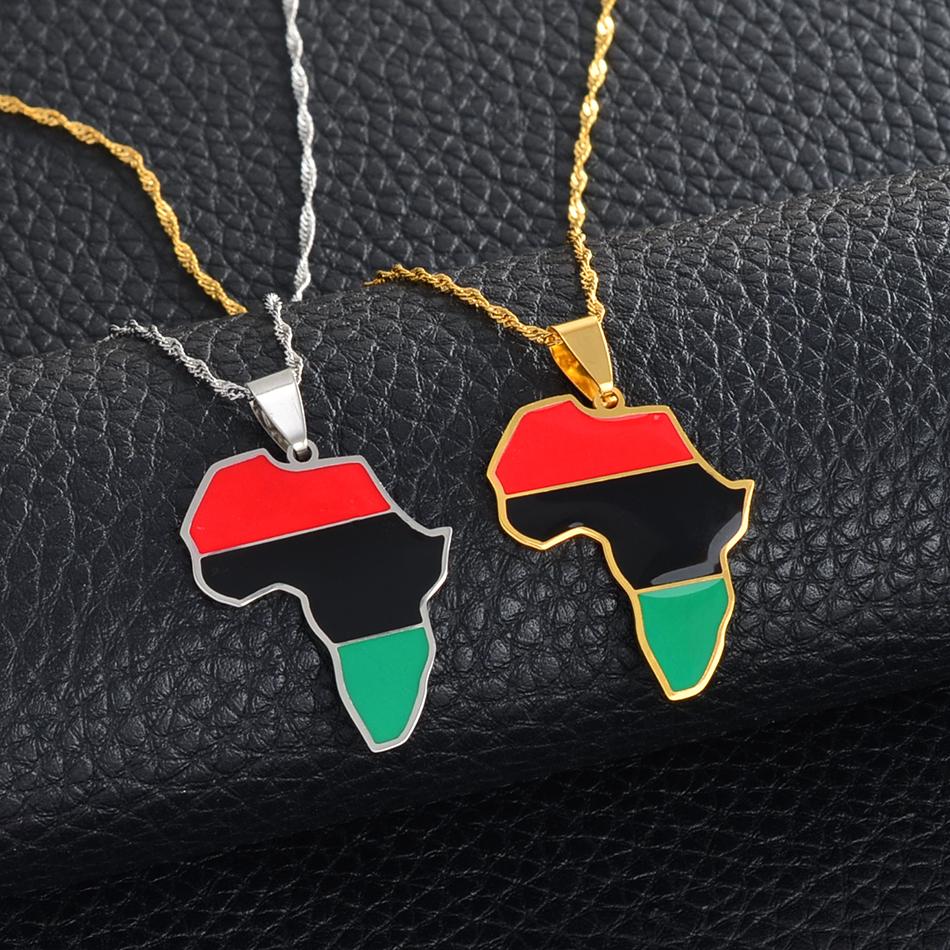 Anniyo RED BLACK GREEN African American Flag Pendant Necklaces Africa Map Chains Jewelry #165721