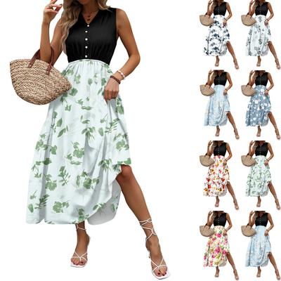 Women's Casual And Fashionable V-neck  Sleeveless Printing Mid Length Dress