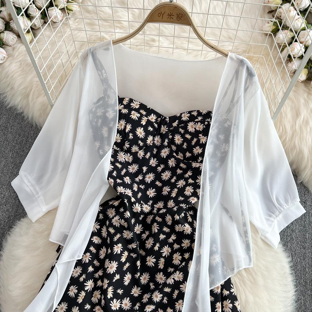 Dvoudílné dámské šaty s květinovým potiskem Letní štíhlá prázdninová móda Elegantní dámy A Line Beach Midi šaty
