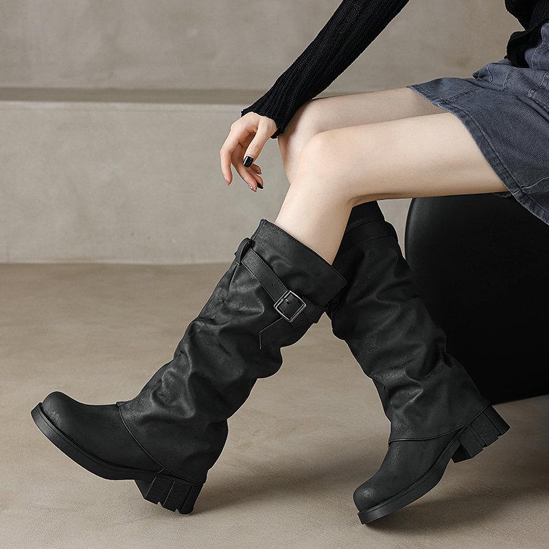 Модные женские сапоги до колена с круглым носком и толстым каблуком — фото 5