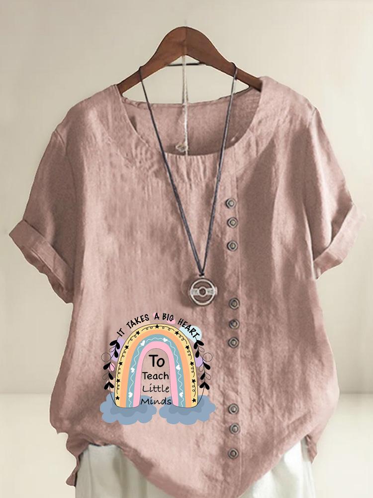 Women s Fashion Rainbow Letters Print Round Neck Short Sleeve T-shirt Summer Casual Cotton Linen Graphic Shirt Leisure Loose Blouse Tops S