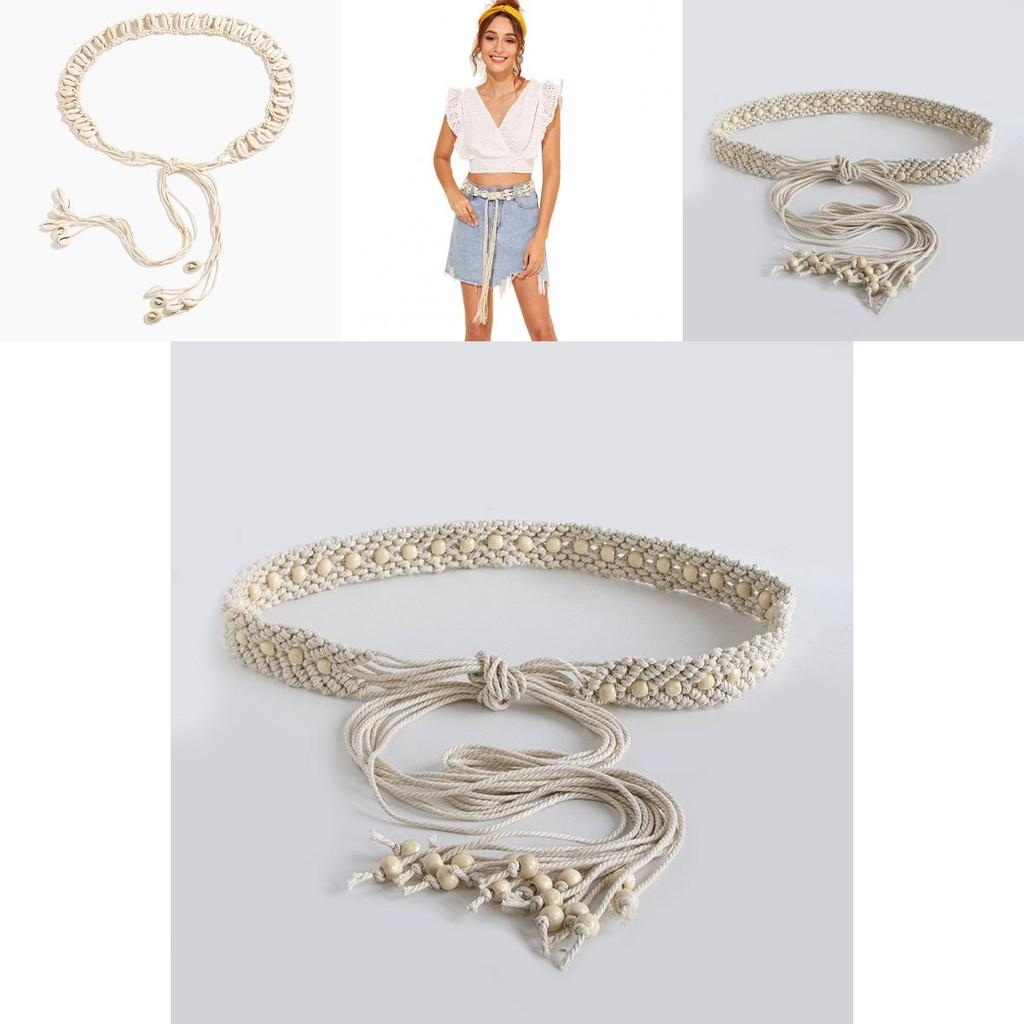 Bohemian Leather Shell Waist Band For Women With Wide Woven Cord And Versatile Style