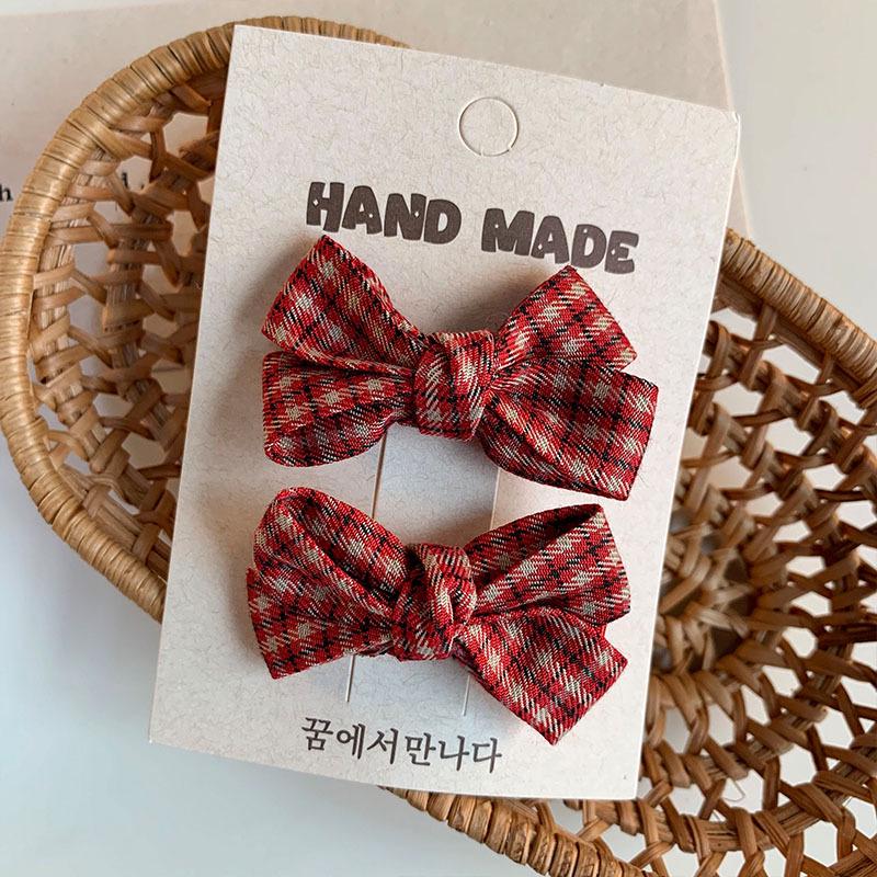 Korean Red Plaid & Flower Bow Kids' Polka Dot Fabric Hair Clips