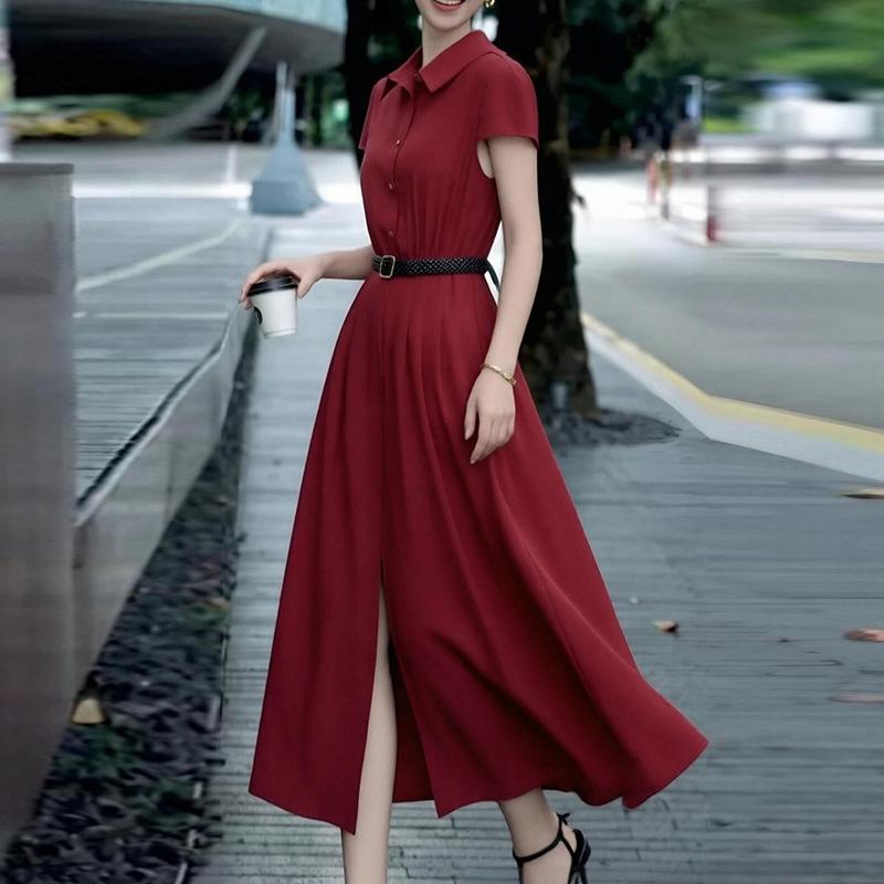 Spring new models, European and American women's clothing, slim-fitting and elegant temperament, solid-color French dress