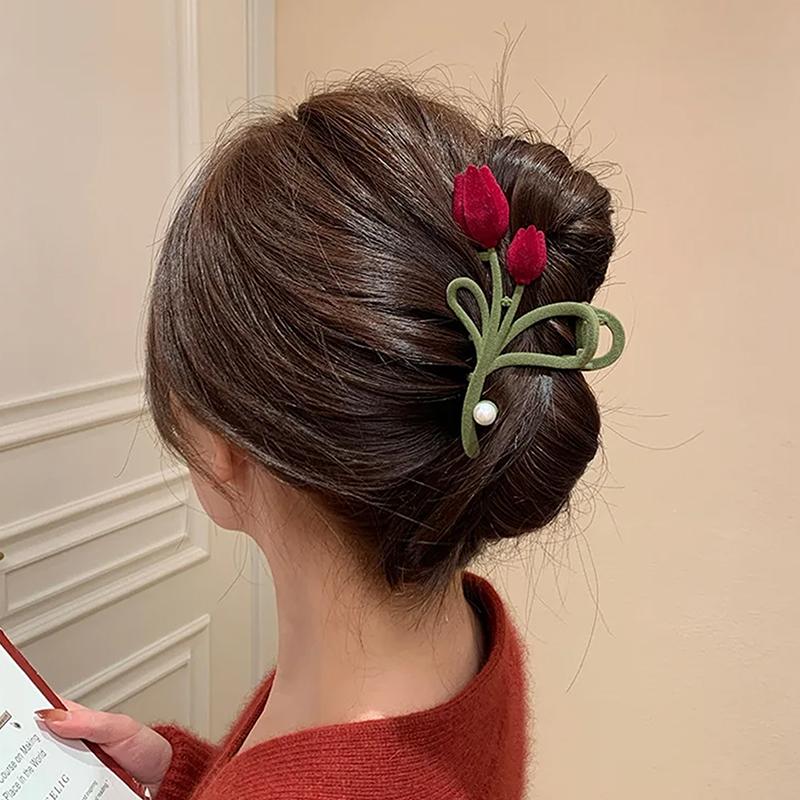 Retro Red Velvet Tulip Hair Clip Sweet Girly Pearl Hair Clip Design Velvet Tulip Hair Elegant Metal Shark Clip Hair Accessories