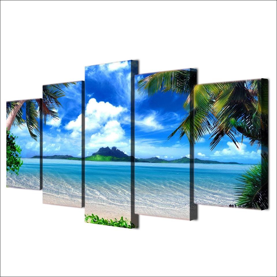 HD Print Canvas Wall Art Pictures Modern Living Room 5 Panel Beach Blue Palm Trees Decor Poster 5 Pieces Painting No Frame