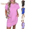 Women's Short Sleeve T-shirt Dress Casual Crew Neck Short Dress with Pockets Summer Mini Shift Dress