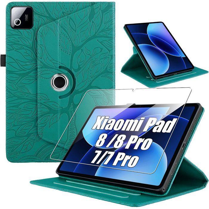 Case + Tempered Glass for Xiaomi Pad 8 /8 Pro/7/7 Pro/9, Shockproof Rotating Tree Pattern Leather Effect Green