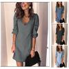 Women's V Neck Three Quarter Sleeve Solid A Line Mini Dress High Waist Casual Office Dress