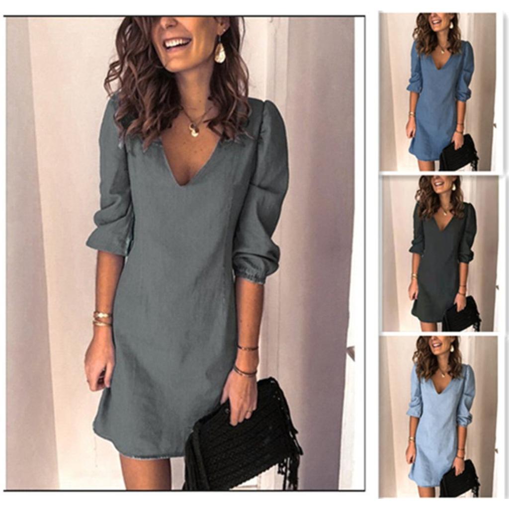 Women's V Neck Three Quarter Sleeve Solid A Line Mini Dress High Waist Casual Office Dress