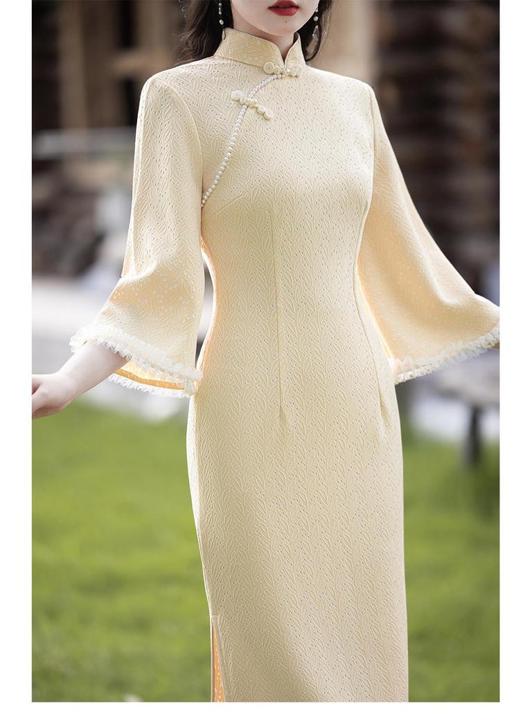 Elegant Yellow Pearwood Cheongsam - Spring/Autumn 2025 Collection, Long Sleeve, National Style