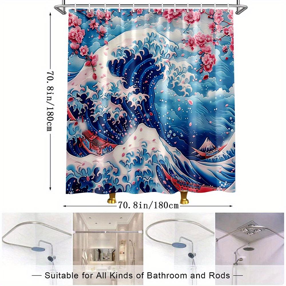 1pc Cherry Blossom Wave Shower Curtain - Stunning Japanese-Inspired Bathroom Decor, Polyester Fabric with 12 Hooks,
