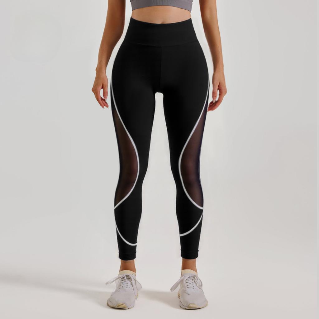 Women's Color Blocked Mesh Yoga Pants with European and American Splicing, High Waist and Hip Lifting Running Sports Pants