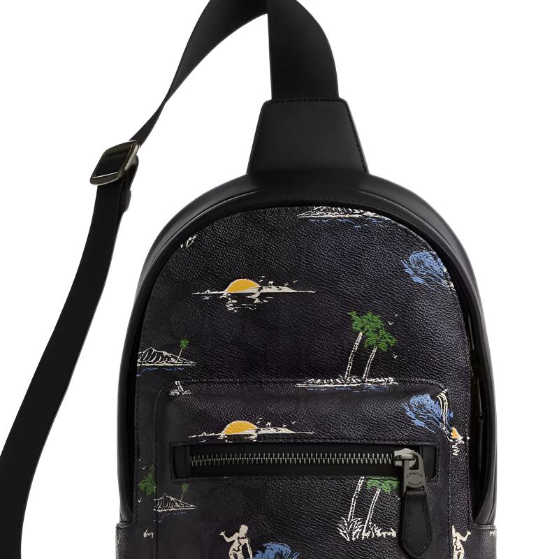 Coach Waist 19 Surf Print Brand Logo Signature Coated Canvas And Smooth Calfskin Waist Bag Small Unisex Waist Bag Black CBJ12-QBA5F