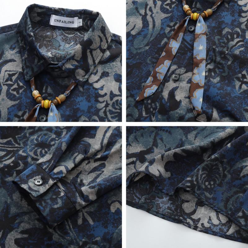 American Vintage Blue Baroque Long Sleeve Shirt Loose Casual Button-Down Top Men Women