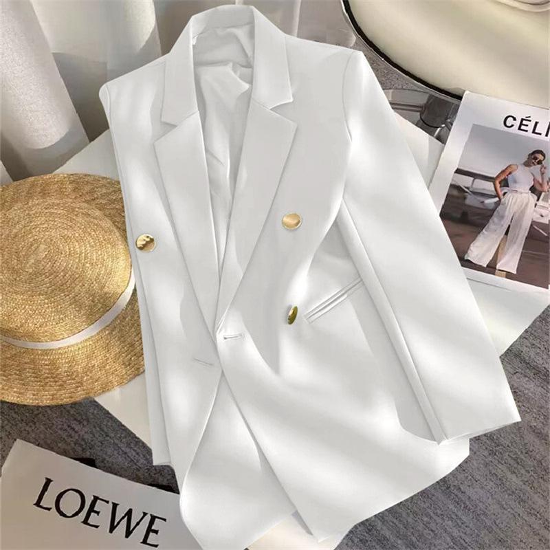 Women Long Sleeve Blazer Jacket Lapel Double Breasted Gold Button Loose Fit Office Casual Suit Outerwear Coat