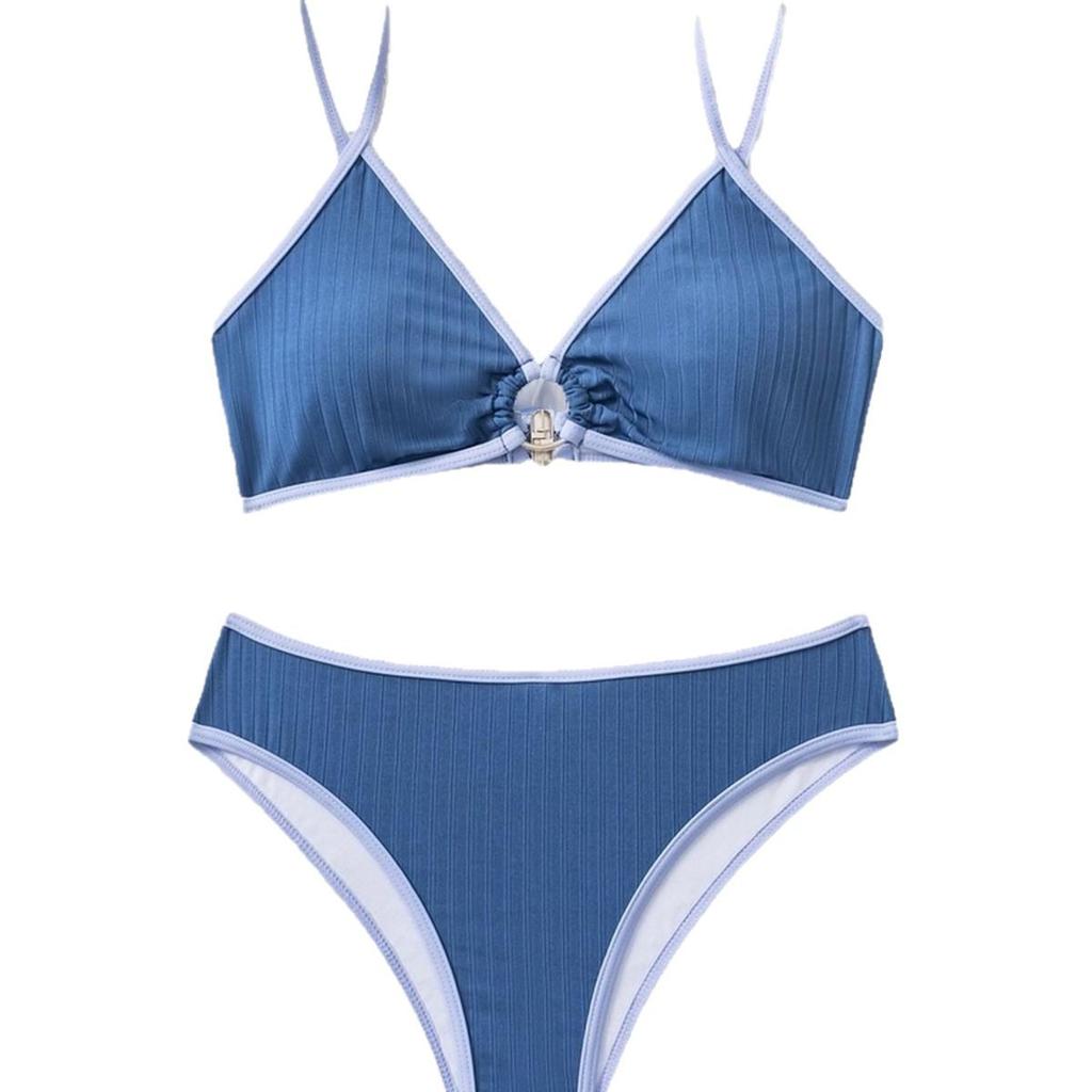 2024 Ribbed Solid Triangle Cup Sexy Backless Bikini Swimsuit
