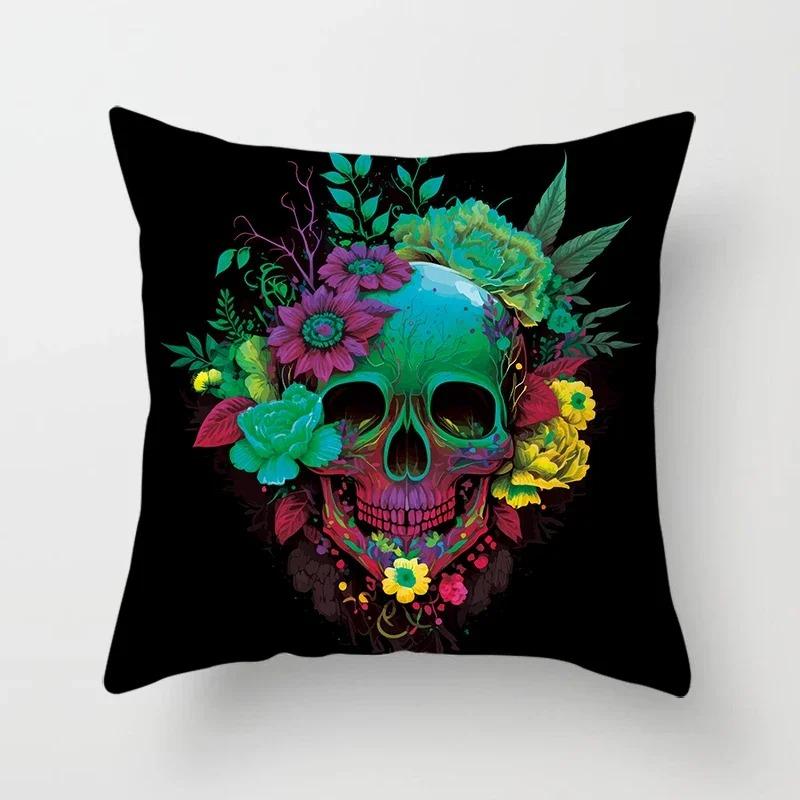 Home Decor Colorful Skull Flower Pillowcase Decorative Print Square Car Sofa Fashion Cushion Cover