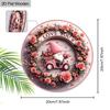 Love You Pink Gnome Rose Wreath Round Wooden Hanging Sign, 2D Flat Printed Valentine Wall Door Ornament, Romantic Home Decor Gift