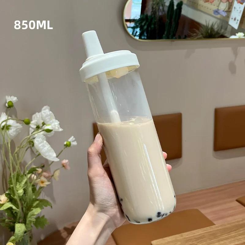 500/850ml Large Capacity Water Bottles Milk Juice Glass Cup with Lid Straw Bubble Tea Coffee Cups Drinkware Transparent