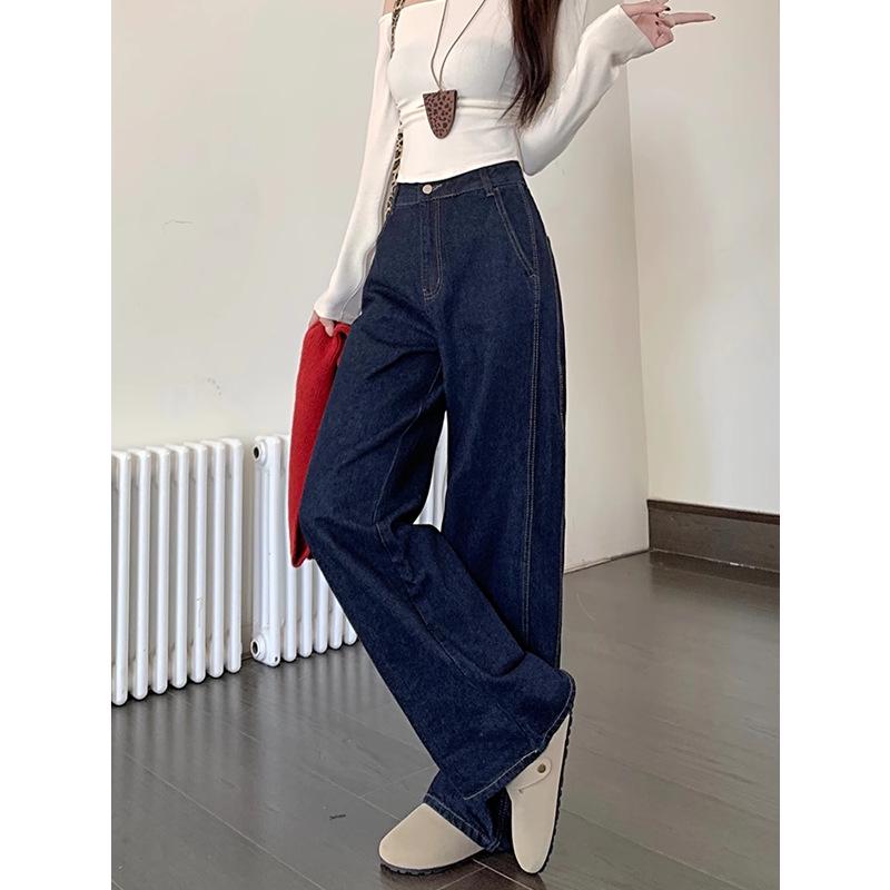 

2024 Женские джинсы больших размеров темно-синие ретро прямого кроя с высокой посадкой - Зимние стройнящие свободного кроя L