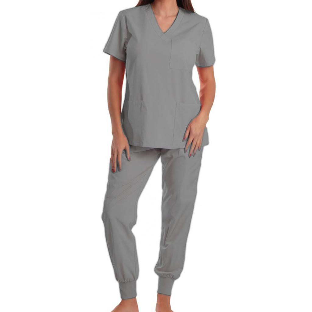 Women's Loose And Comfortable V-neck Short Sleeved Workwear With Multiple Pockets Suit Set