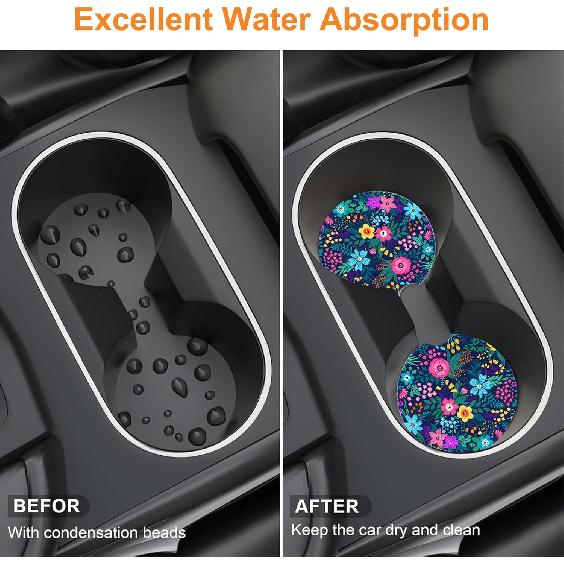 Colorful Flowers and Plants Car Cup Holder Coaster,Car Coasters for Cup Holder,2 Pack Floral Berries Anti-Slip Absorbent Ceramic Car Cup Coasters for