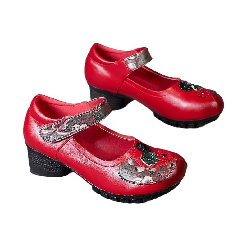 Retro Ethnic Style Women's Shoes 2025 Spring New Shallow Mouth Single Shoes Thick Heel Soft Sole Comfortable Women's Leather Shoes Mother Shoes