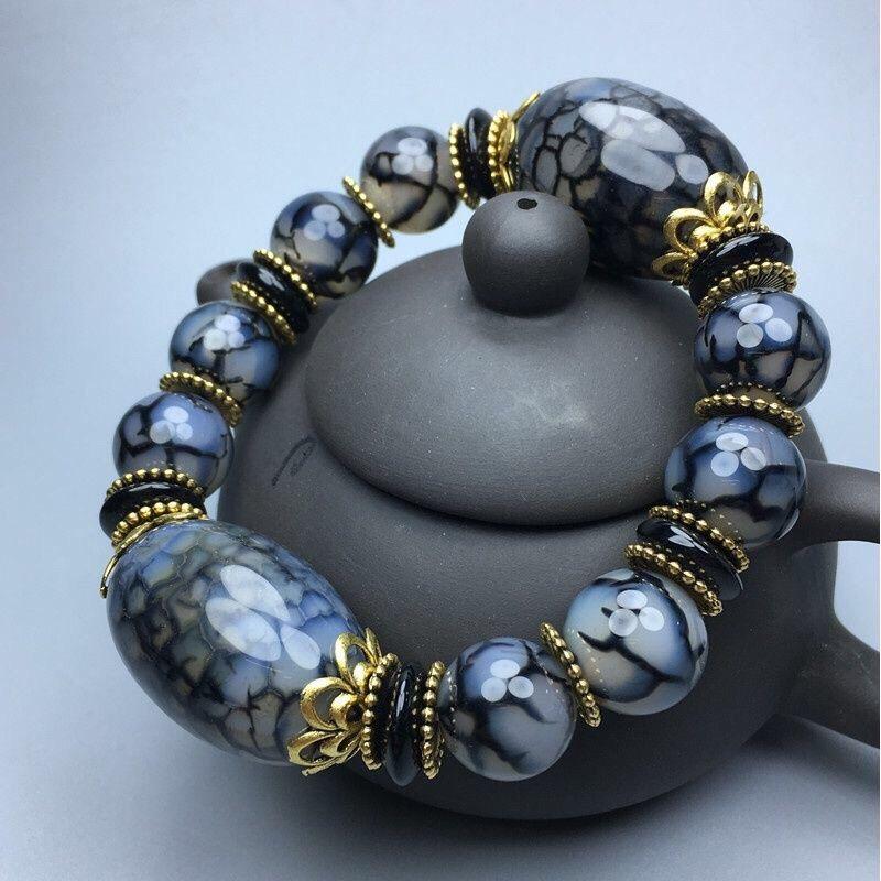 Natural Ice Flower Agate Chalcedony Beads Bracelet for Men Women Unisex Healing Stone Jewelry