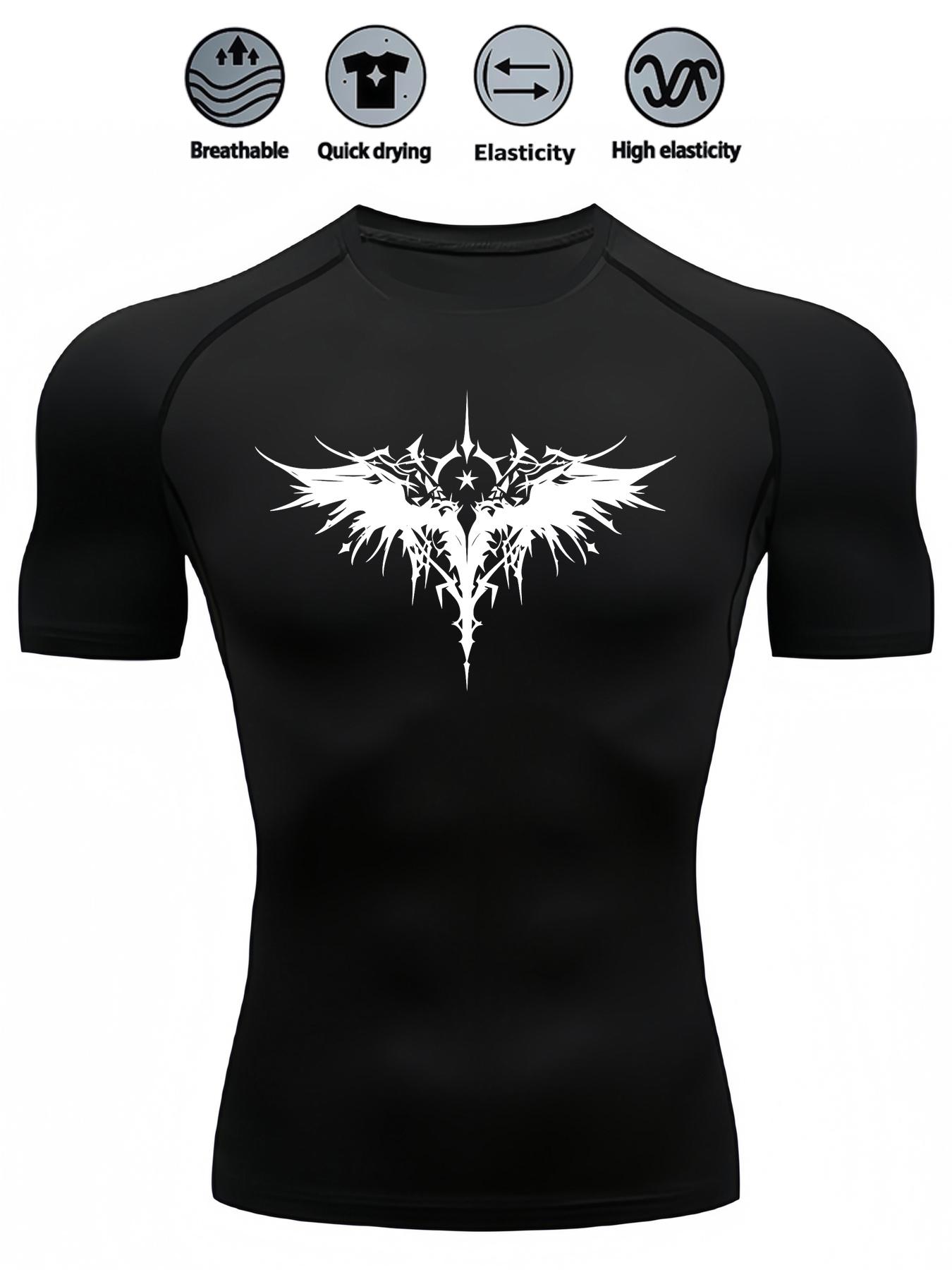 Men s Chest Dark Fantasy Feather Logo Print Compression Shirt High Elasticity Moisture Wicking Sportswear S чёрный