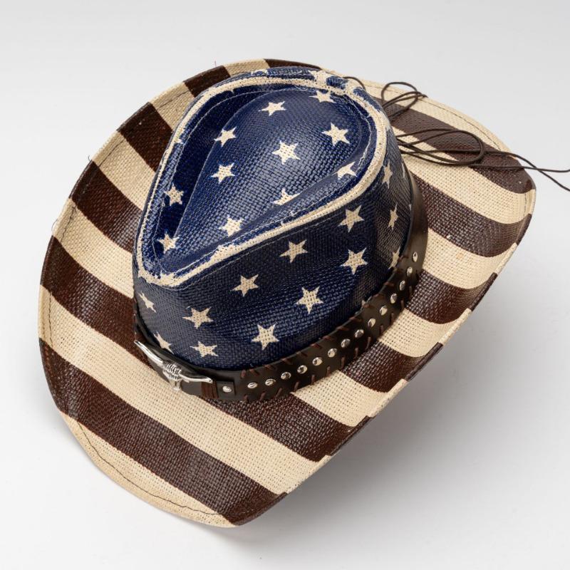 Unisex Vintage Amerikanische Flagge Print Gewebter Stroh Cowboyhut Mit Stierkopf Nietenband