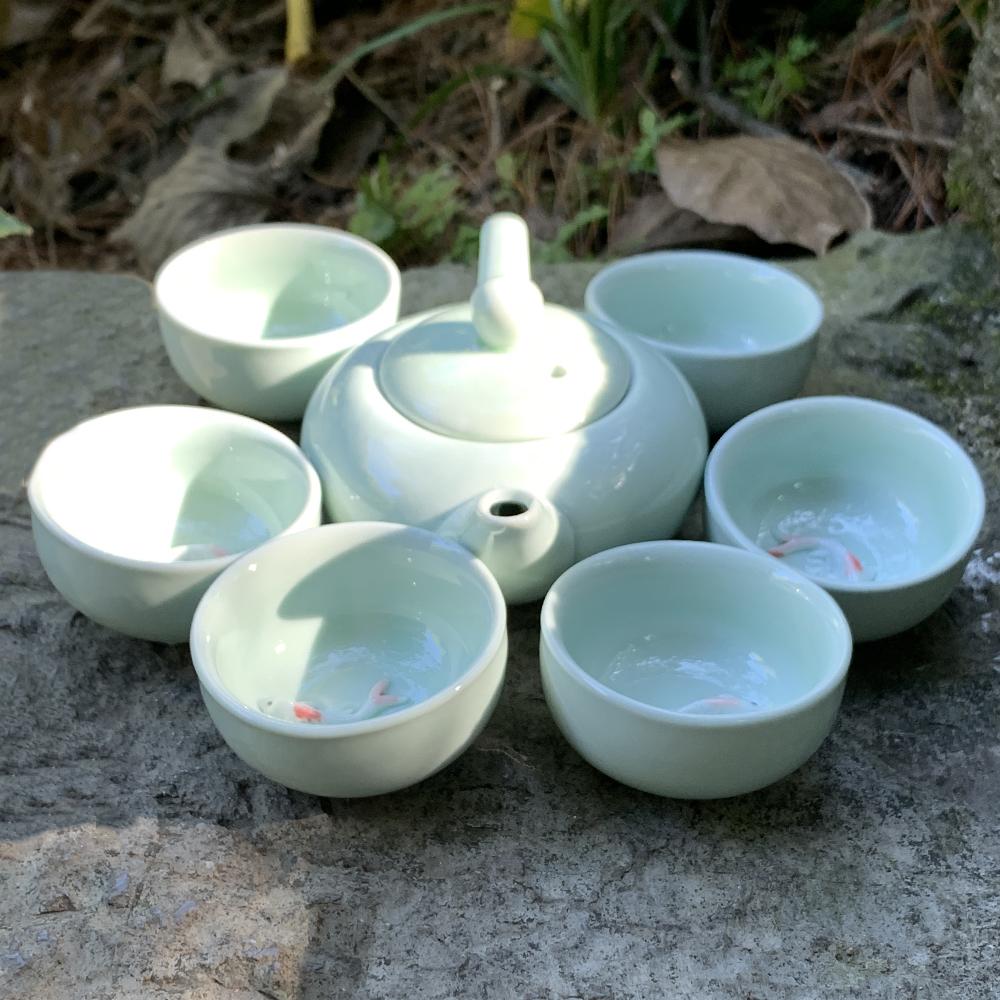 Chinese Ceramic Kung Fu Tea Set 7/9pcs Tea Set Tea Pot Set Teapot Koi Tea Cup Tea Wood Tray Tea Travel Bag Tea Tray Cloth